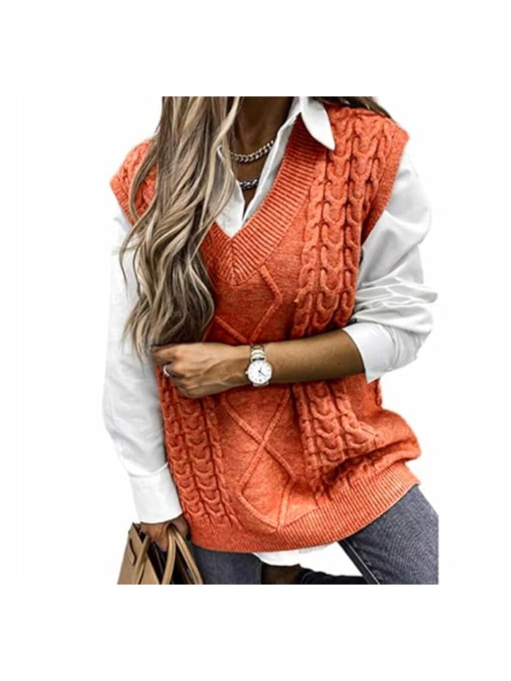 Long Cable Knit Sweater Vest Loose V-Neck Sleeveless Tank Top